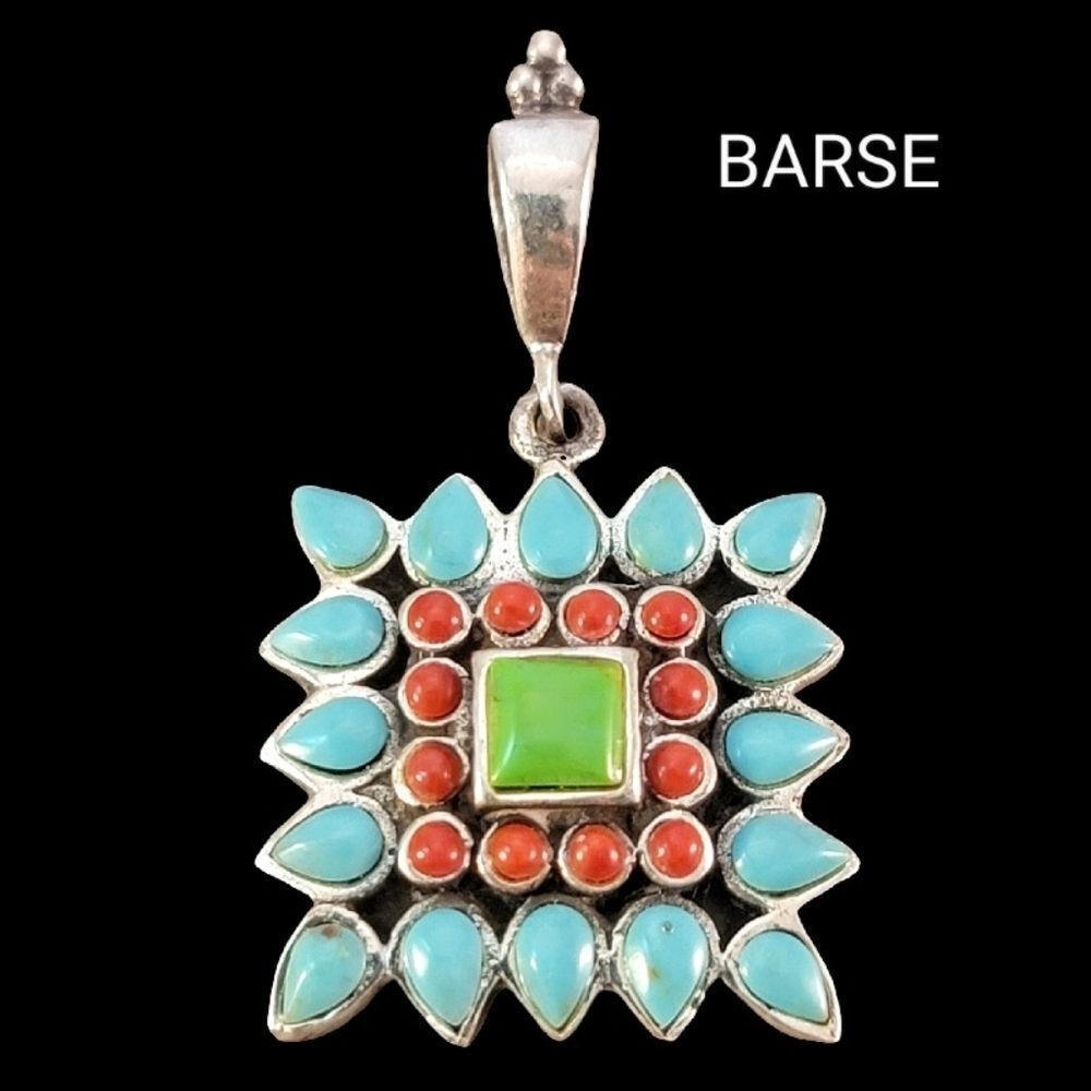 Barse Turquoise & Carnelian Southwestern Sterling Silver Style Pendant